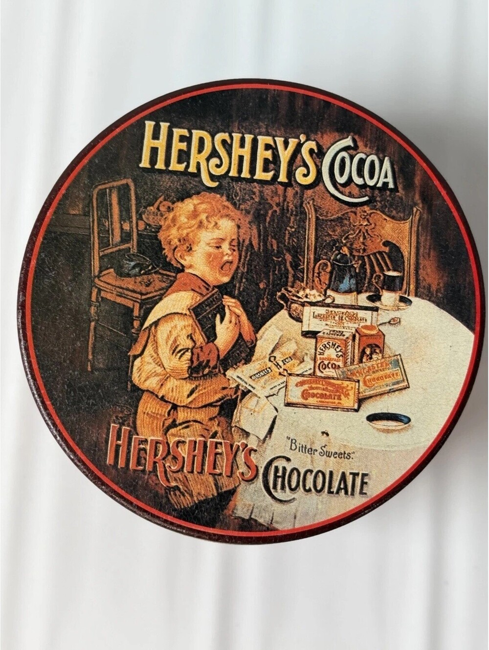 Vintage 1993 Hershey’s Cocoa Bitter Sweets Bristolware Round Tin Advertising